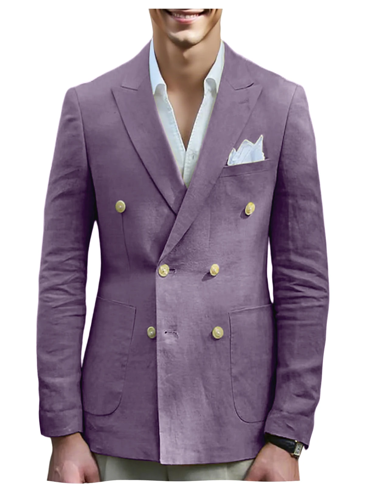 

Solid Linen Blazer for Men Peak Lapel Double Breasted Dinner Prom Jacket Elegant Smoking Slim Fit Suit Coat for Wedding Business