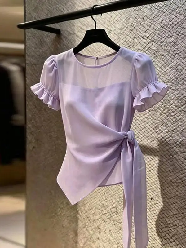 

Summer New Style Women's Slim Fit Short Sleeve Shirt Asymmetric Waist Cinching Design Versatile Fashionable French Style Top