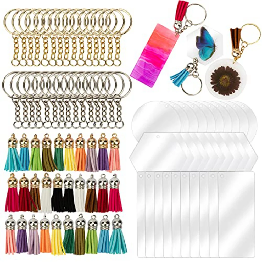 Acrylic Keychain Blanks Bulk for Vinyl Key Rings Kit DIY Craft 30 Pieces (3 Shape of Acrylic Sheets 15 Color Tassels)