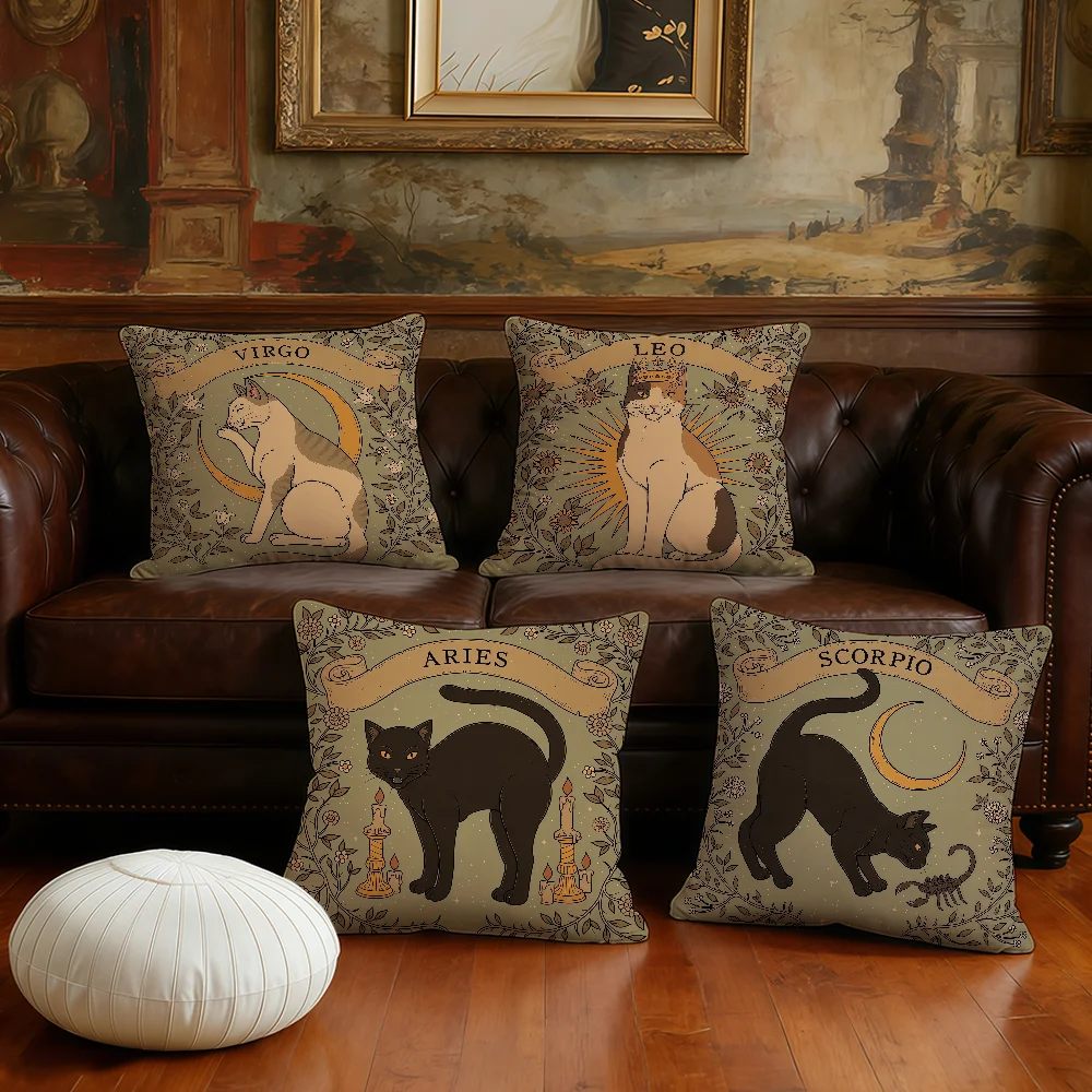 Retro Zodiac Cat cute cushion cover Pillowcase Double-Sided Printing Sofa Cushion Bedroom Bedside PillowCover