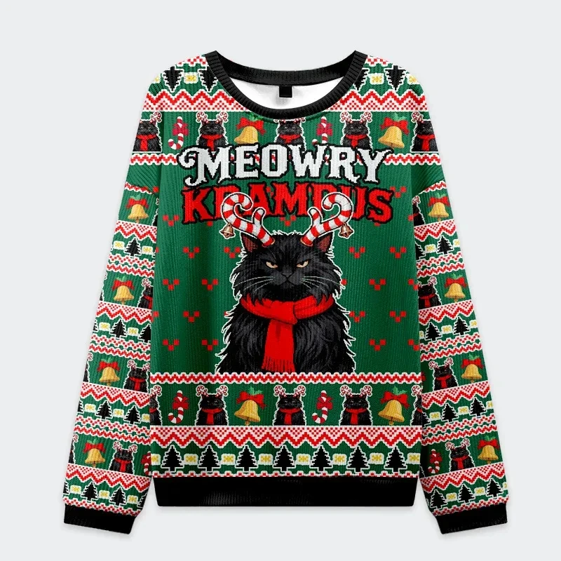 2026 New Meowry Krampus Black Cat Christmas Sweatshirt Funny Ugly Xmas Pullover Cat Lover Unisex Kids Adult Holiday 3D Print Top