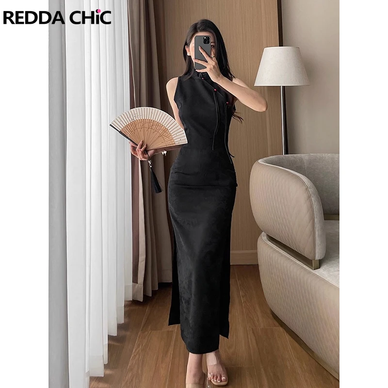 

REDDACHiC Women Black Chinese Cheongsam Jacquard Mandarin Collar Sleeveless Split Long Qipao Dress Chinese Style Summer Clothes