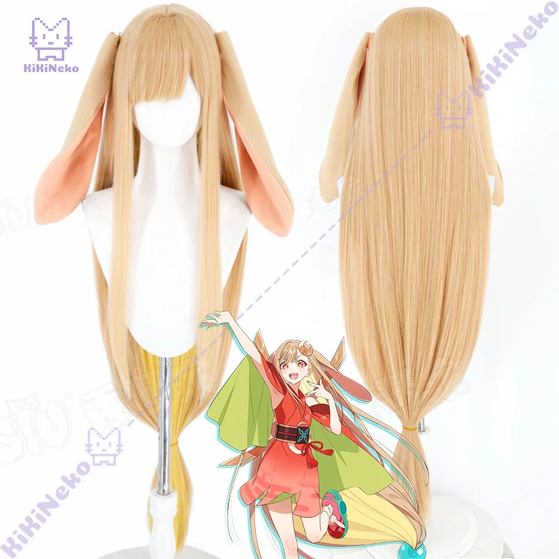 Anime Kaguya Cosplay Perücke, orange lange Perücke mit Ohrhaar-Accessoires für Halloween-Party, Erwachsene, Frauen, Männer, Rollenspiel-Requisiten