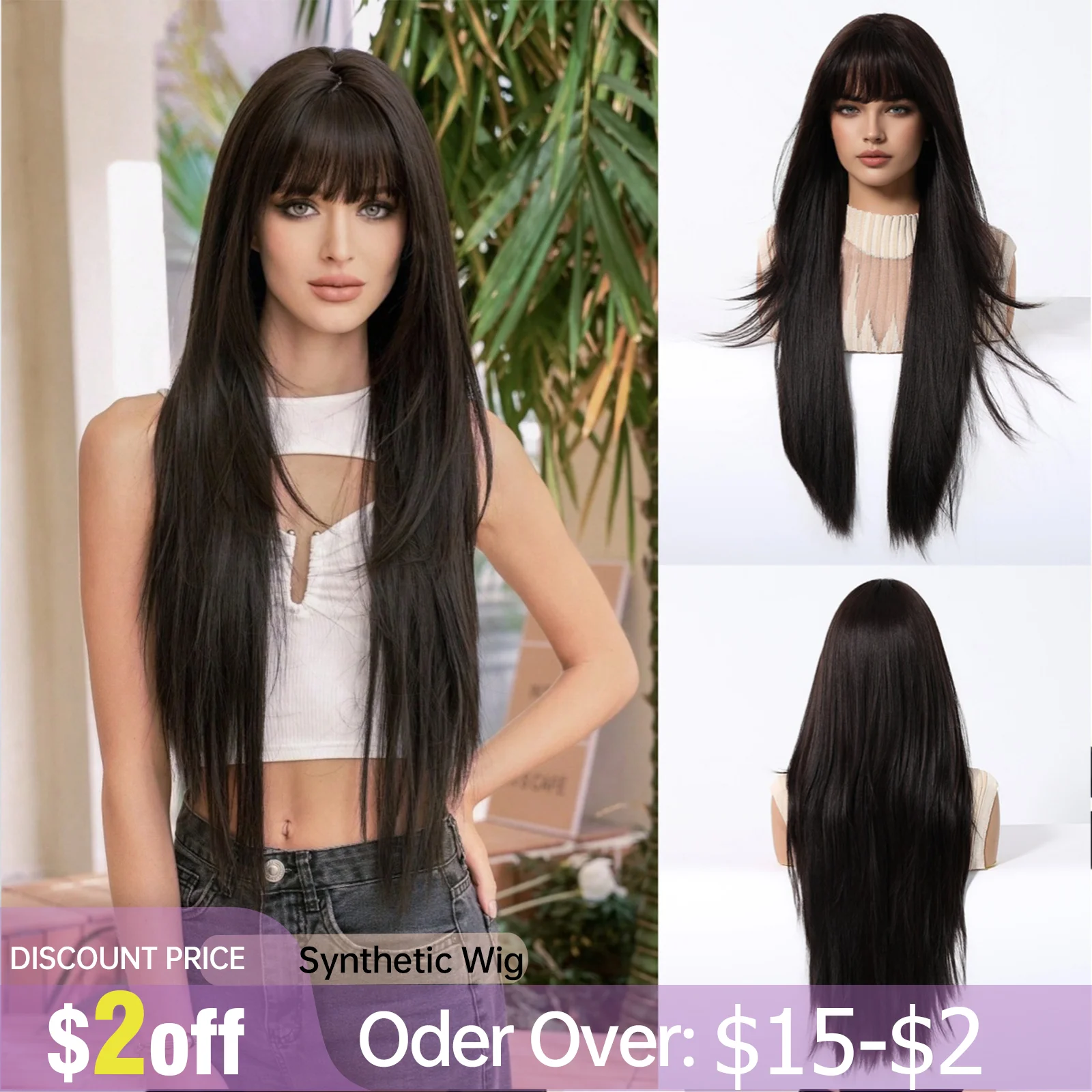 28 inches Natural Black Wig with Bangs Super Long Layered Straight Wig For Women Long Black Brown Synthetic Wig Heat Resistant