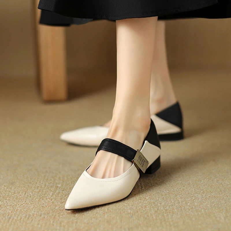 NEW Spring/Autumn Women Pumps Genuine Leather Shoes for Women Pointed Toe Low Heel Shoes Metal Buckle Mary Janes Handmade Shoes