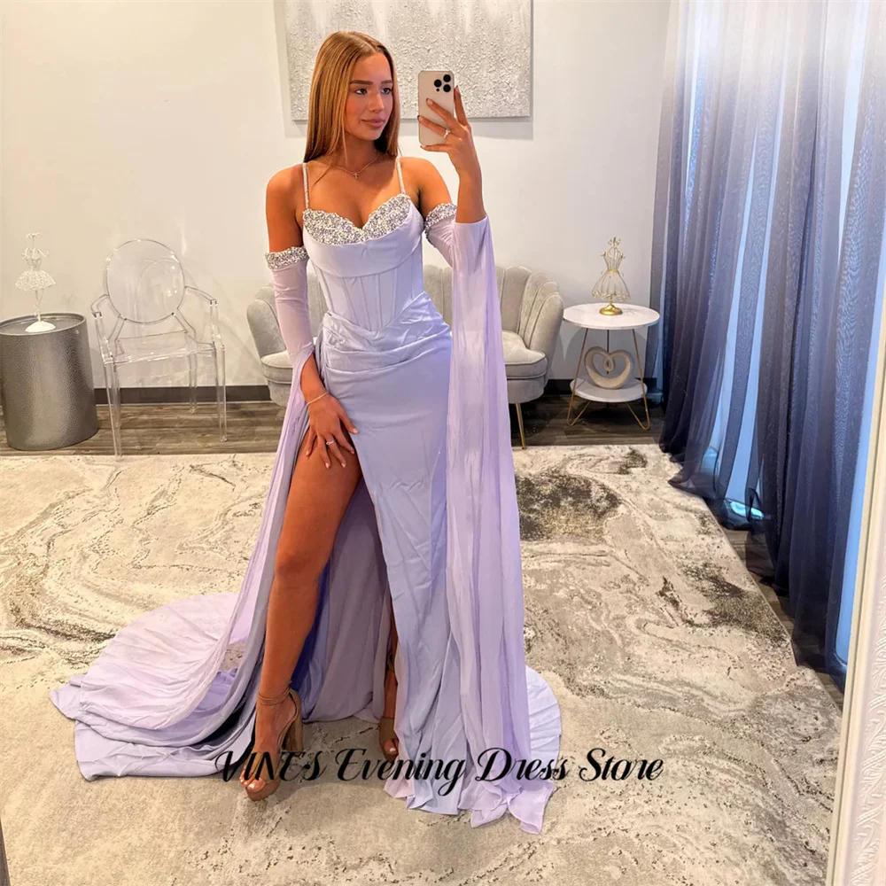 

VINES Lavender Mermaid Evening Dresses Beaded Gala Dress Off Shoulder Long Sleeves Prom Dress High Slit Party Dress Customized