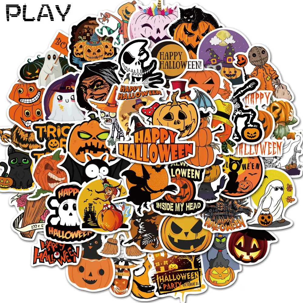 50Pcs Spooky Halloween Waterproof Decals, Pumpkin Ghost Bat Stickers for Laptop, Tumbler & Travel Luggage Custom Graffiti Decor
