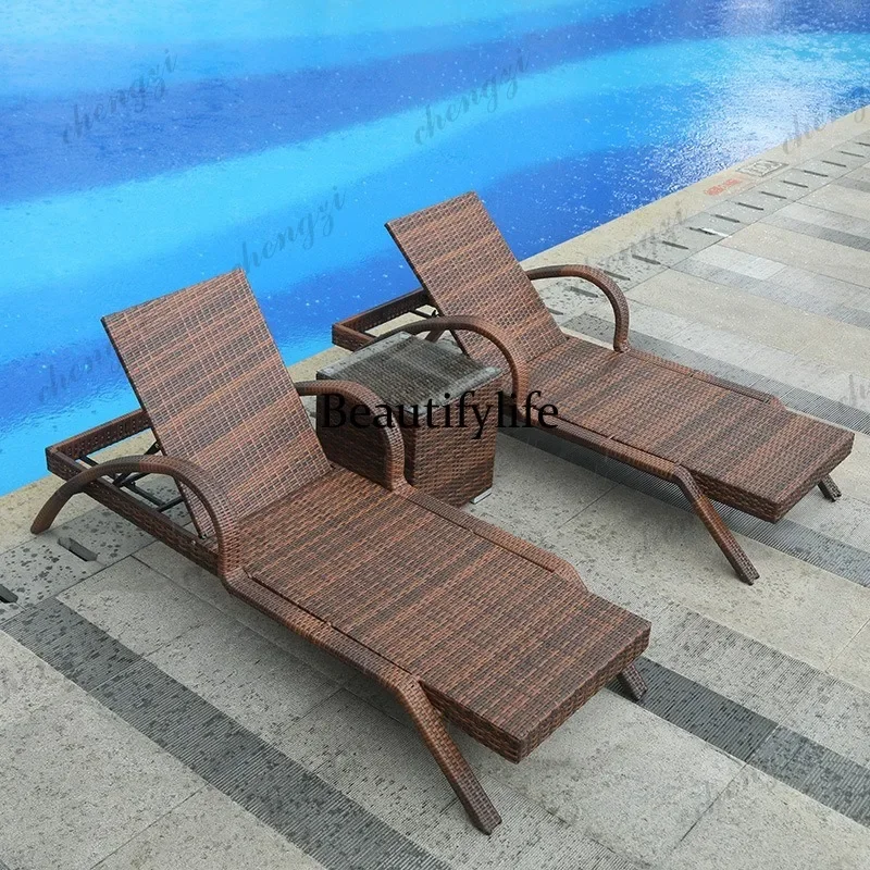 Q181 Outdoor recliner swimming pool bed leisure beach chair villa rattan rest balcony folding chair