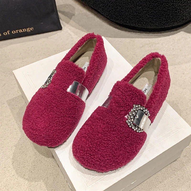 Winter New Flat Shoes Women's Round Head Deep Mouth Suede Belt Buckle Soft Sole Anti-slip Wear-resistant Plush Shoes