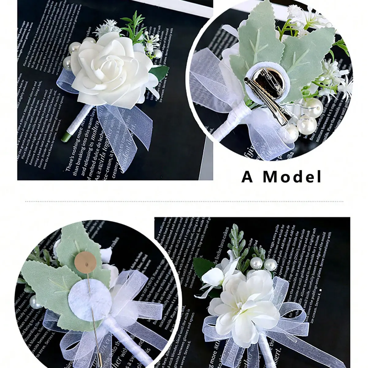 White Rose Wedding Groom's Boutonniere with Pearl and Green Leaf Artificial Floral Design, Groomsmen's Suit Lapel Flower, Wedding Party Accessory image 2