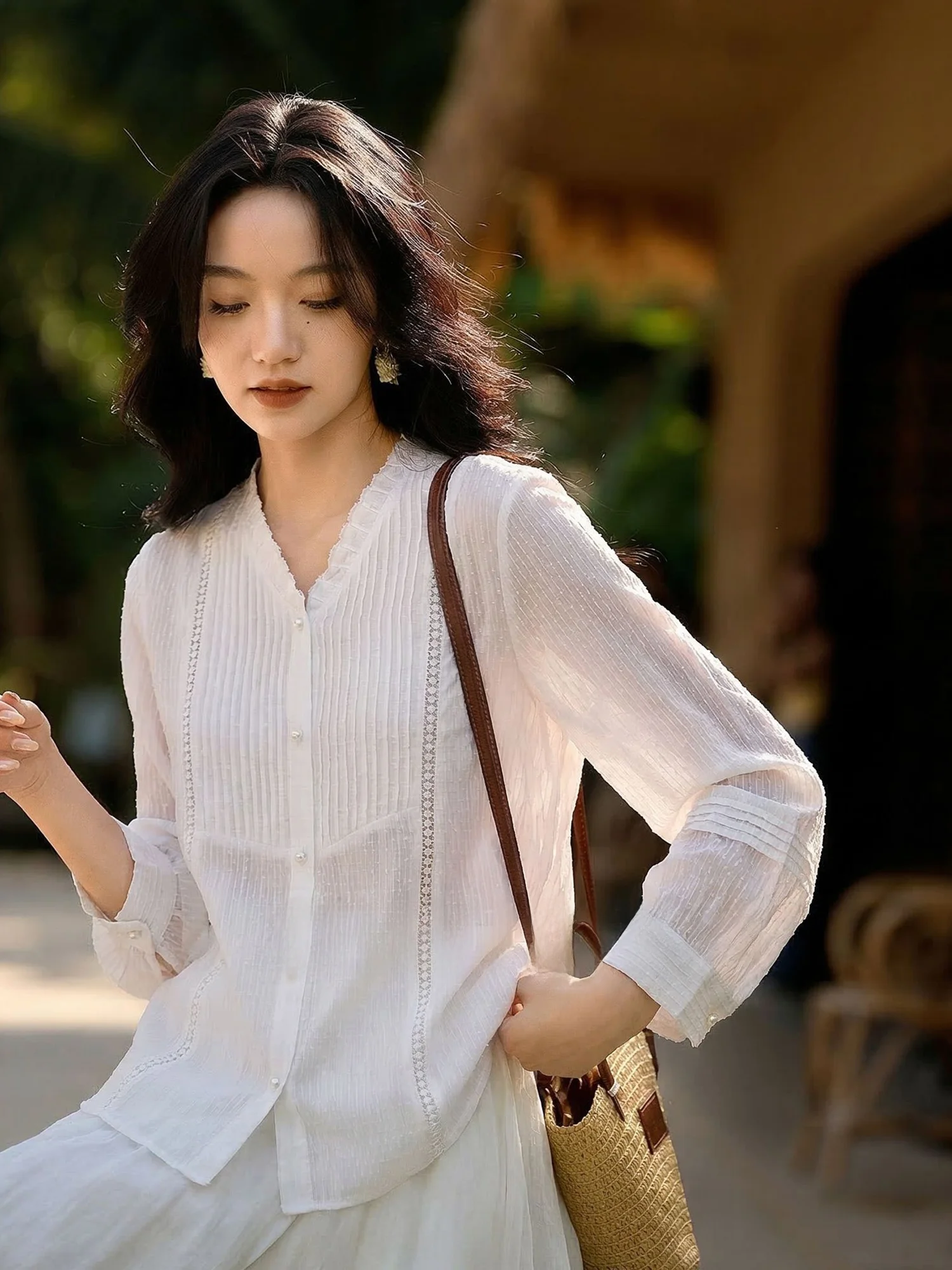 

Elegant White Long Sleeve Silk Shirt Loose Fit Summer Thin Fashion Slimming Casual Shirt by Chivirin V-Neck Button-Up Regular...