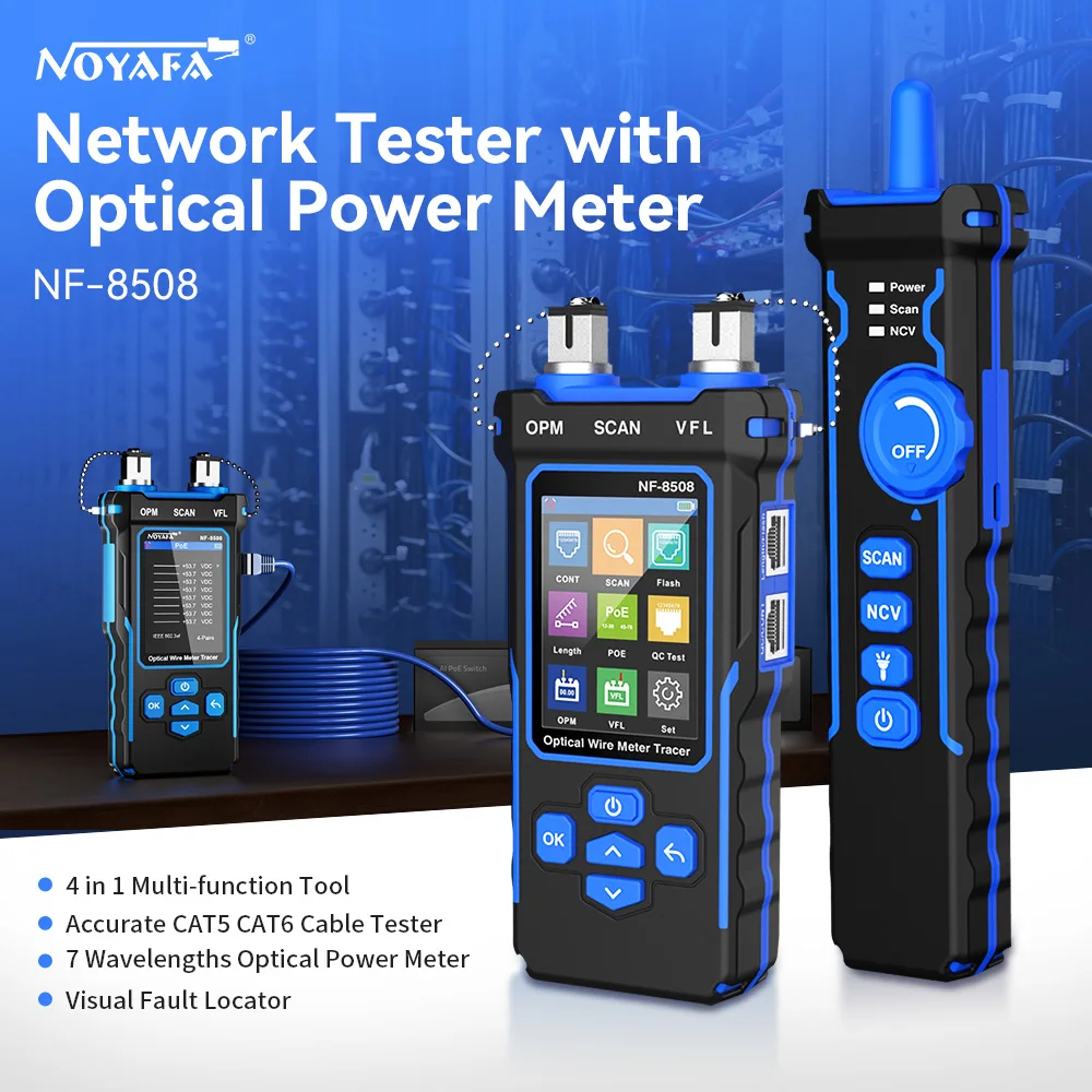 Noyafa NF-8508 rastreador de cabo lan medidor de potência óptica testador display lcd medida comprimento wiremap rede cabo testador