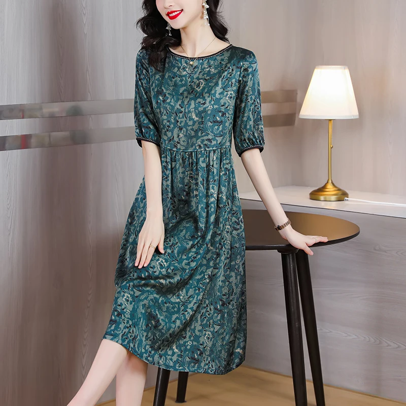 

Vintage Floral Midi Silk Summer Women Dress 2023 New Elegant Tunics Casual Party Dress O-Neck French Beach Boho Korean Fashion