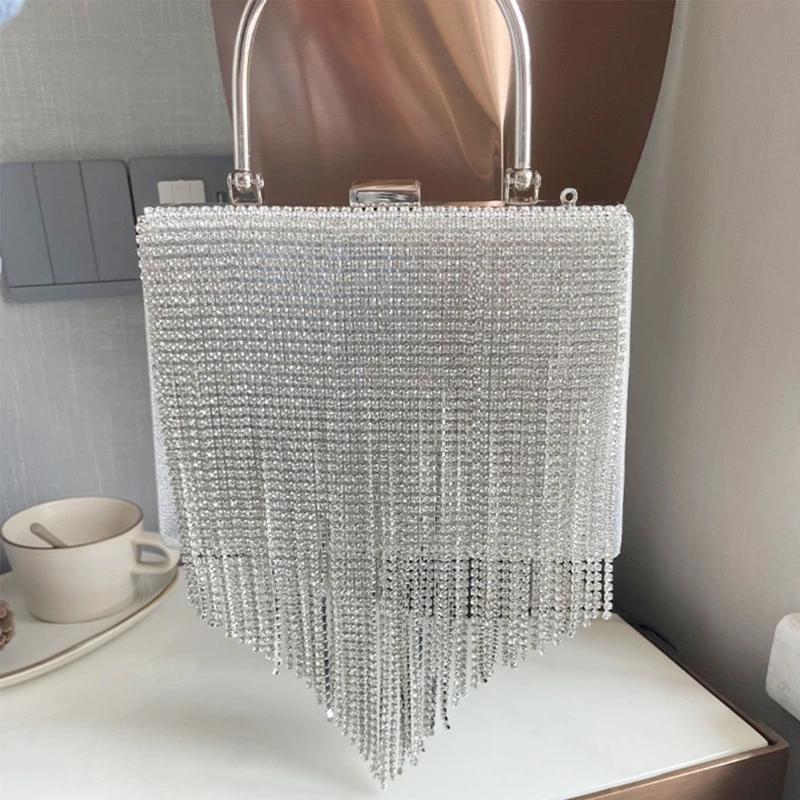 Borsa da sera con nappe di strass da donna borsa a tracolla con tracolla a catena con pochette da sposa elegante da donna con scatola di diamanti di