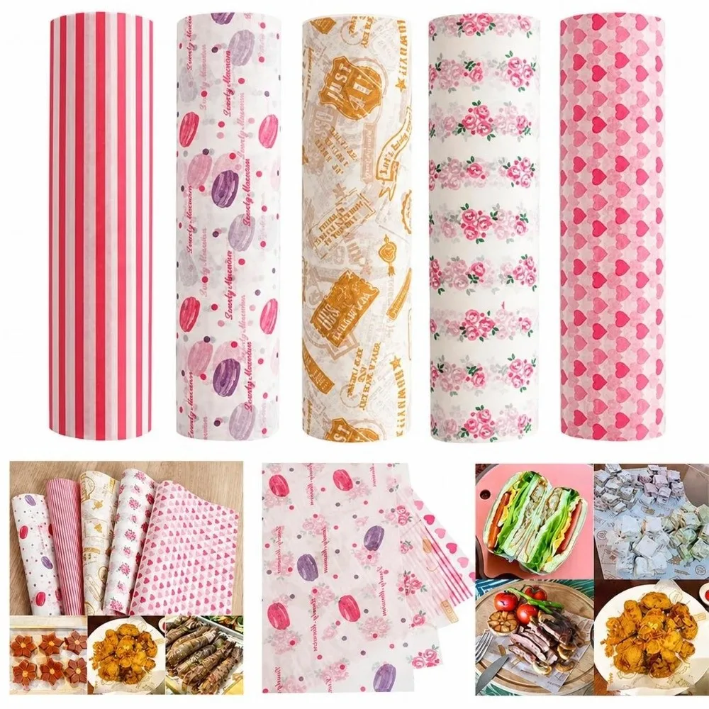 50Pcs Disposable Wax Paper Rose/Heart/Macaron Print Food Grade Oilproof Baking Paper Water Proof Anti-stick