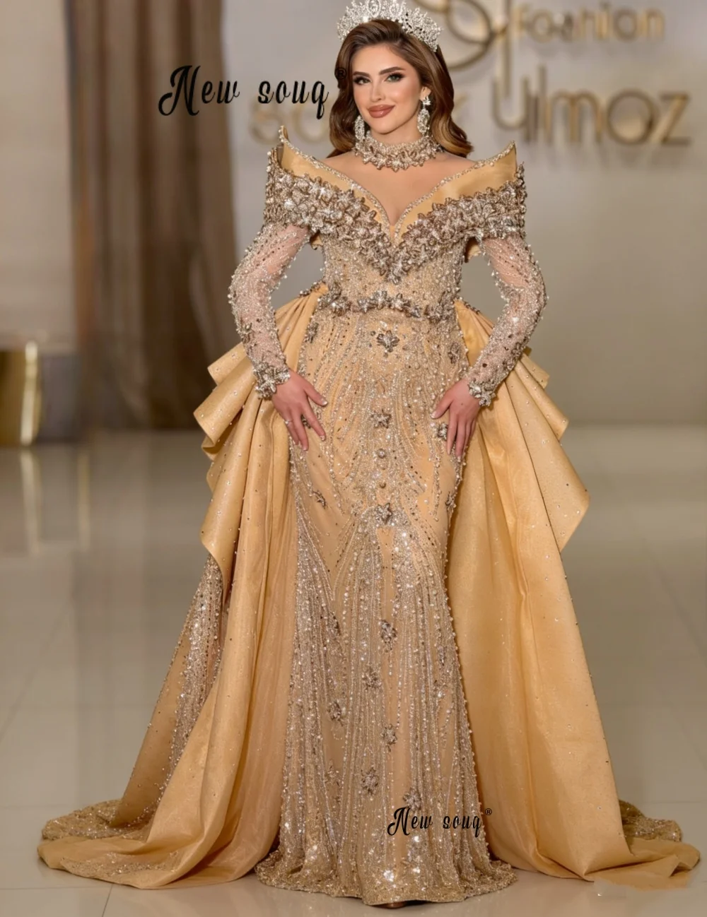 Goldene Champagner-Hochzeitskleider mit abnehmbarer Schleppe, bestickt, 2-in-1 Brautkleid für Damen 2026, luxuriöses Hochzeitskleid, individuell anpassbar