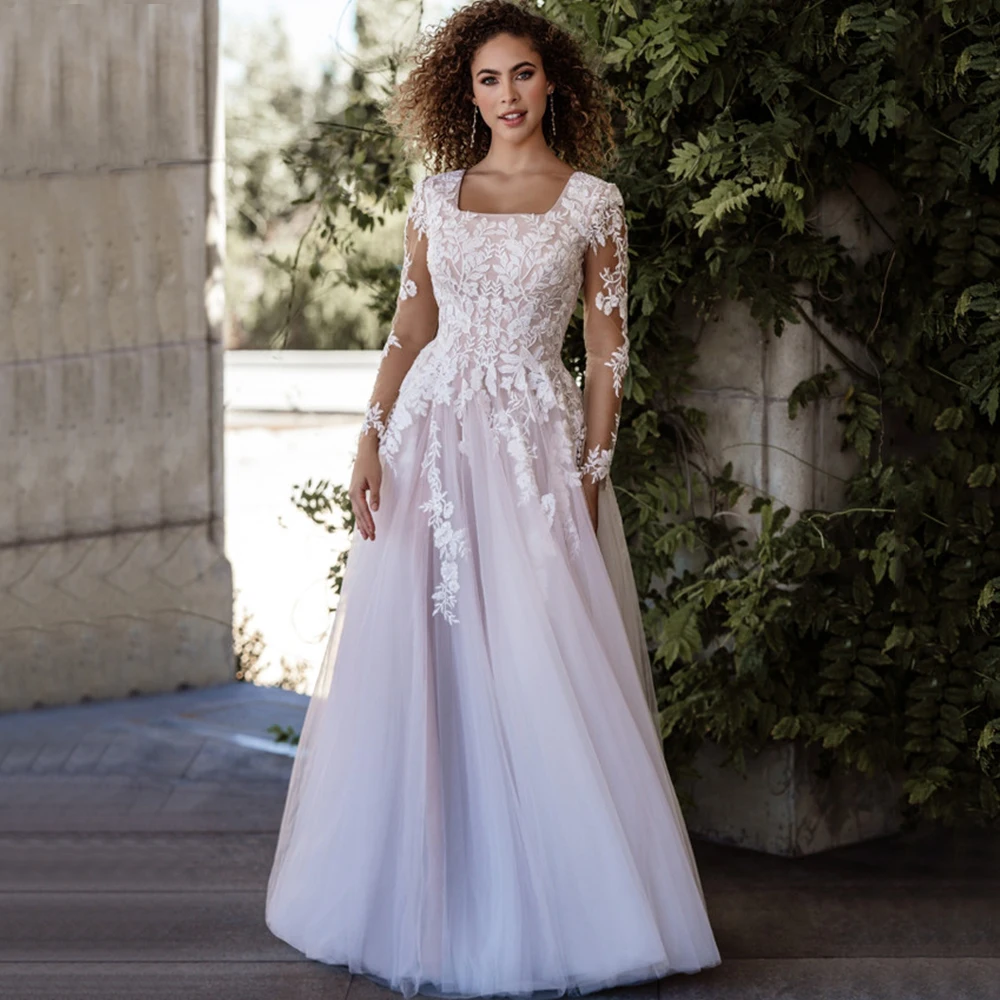 Square Collar Illusion Long Sleeve Wedding Dress Applique A-Line Tulle Floor Length with Buttons Sweep Train Vestidos De Novia