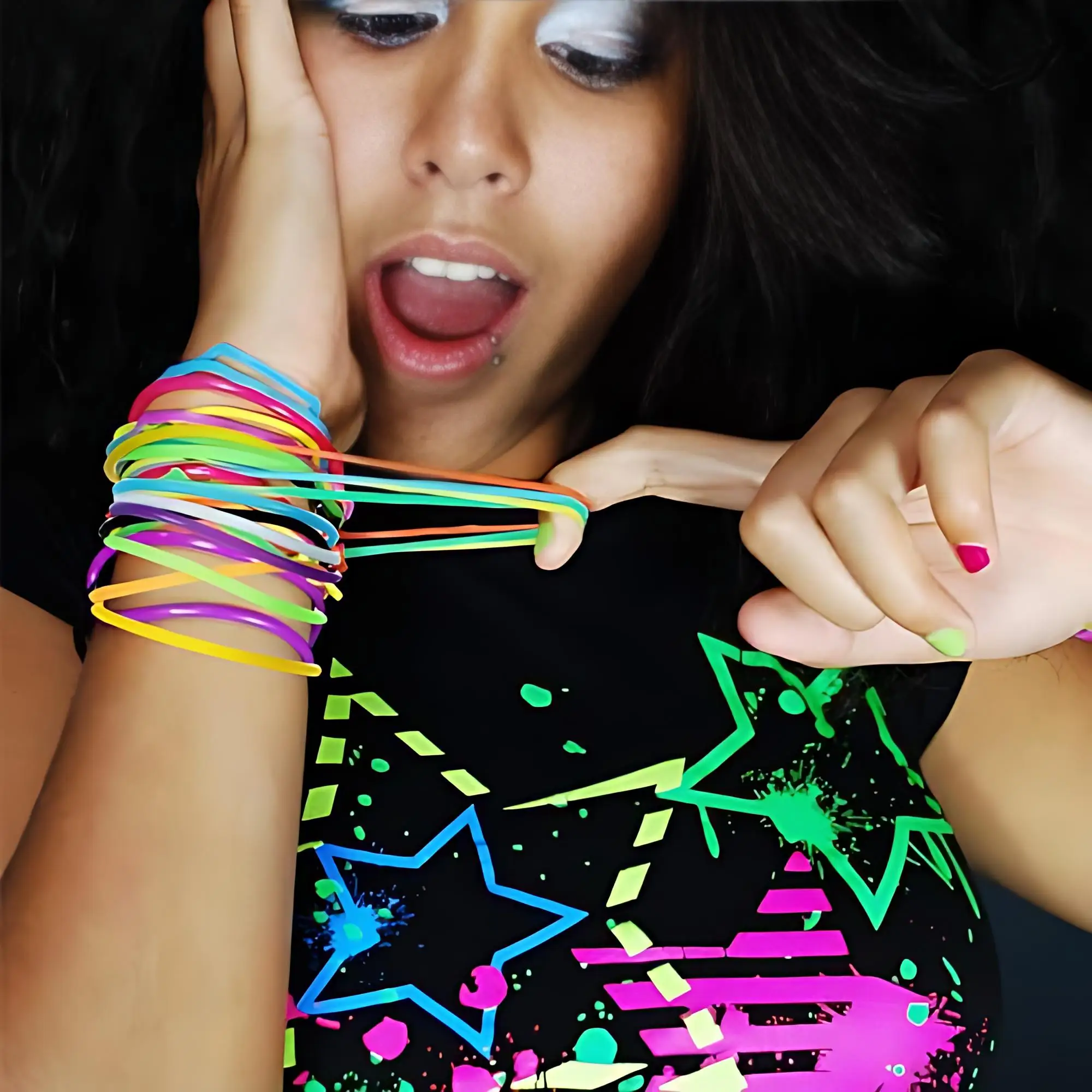 100 Pcs 80s Multicolor Silicone Jelly Rubber Bracelets Hair Ties Women, Mixed Style, Random Color