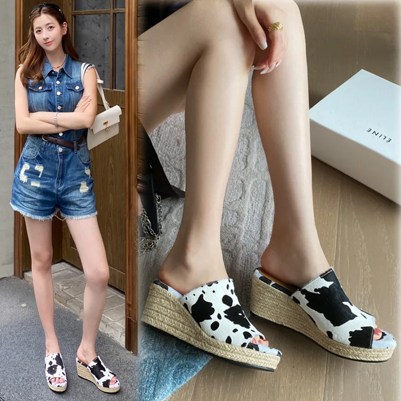 

Straw Wedge Open-Toe Horsehair Sandals Thick-Soled Casual Large-Size Lazy Slippers Outdoor Wear Women Shoes Sandalias Mujer