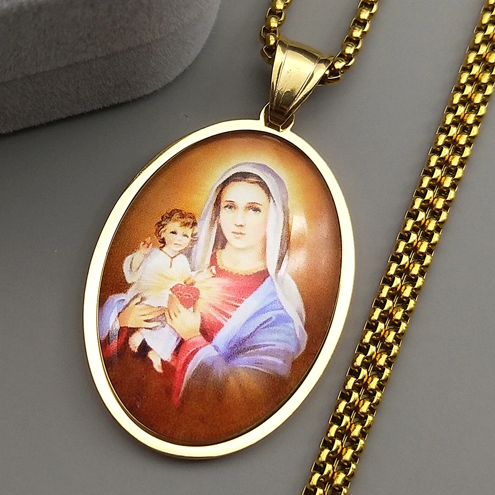 

Virgin Mary Jesus Glass Oval Medal Pendant Necklace for Women Men Stainless Steel Gold Silver Color Catholic Amulet Jewelry