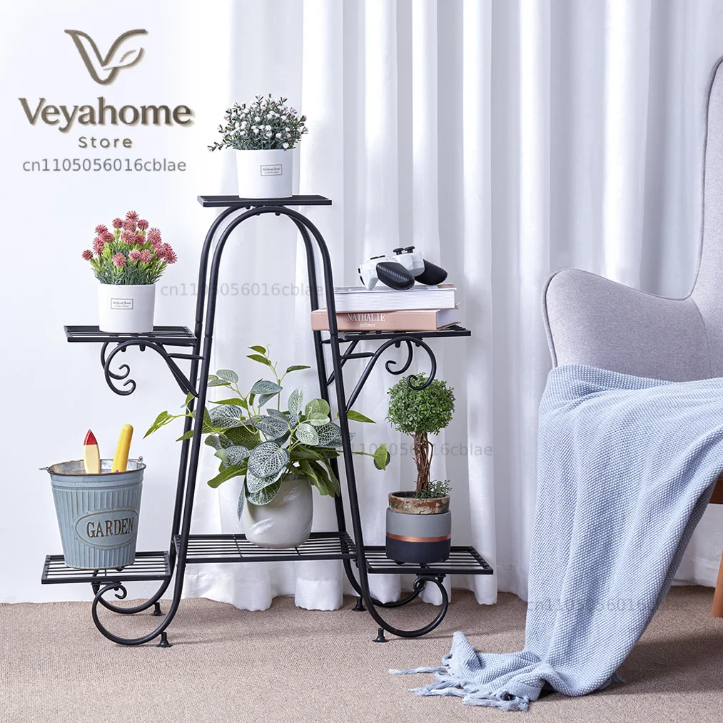 6 Tier Metal Plant Stand, Garden Patio Flower Rack, Step Design, Outdoor, Indoor, Wrought Iron