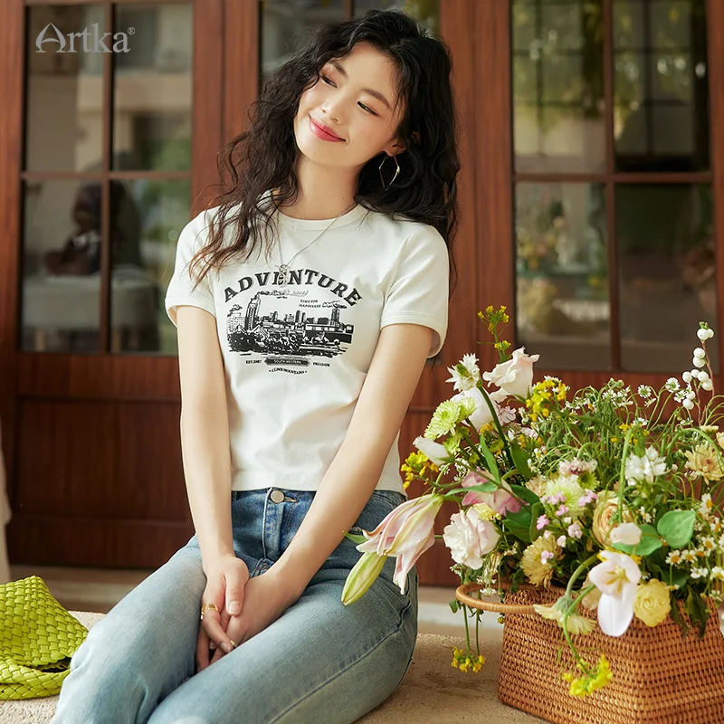 ARTKA 2023 Summer New Women T-shirt Fashion Casual O-Neck Short Sleeve T-shirts Letter Print Slim Short White T-shirt TA92031X