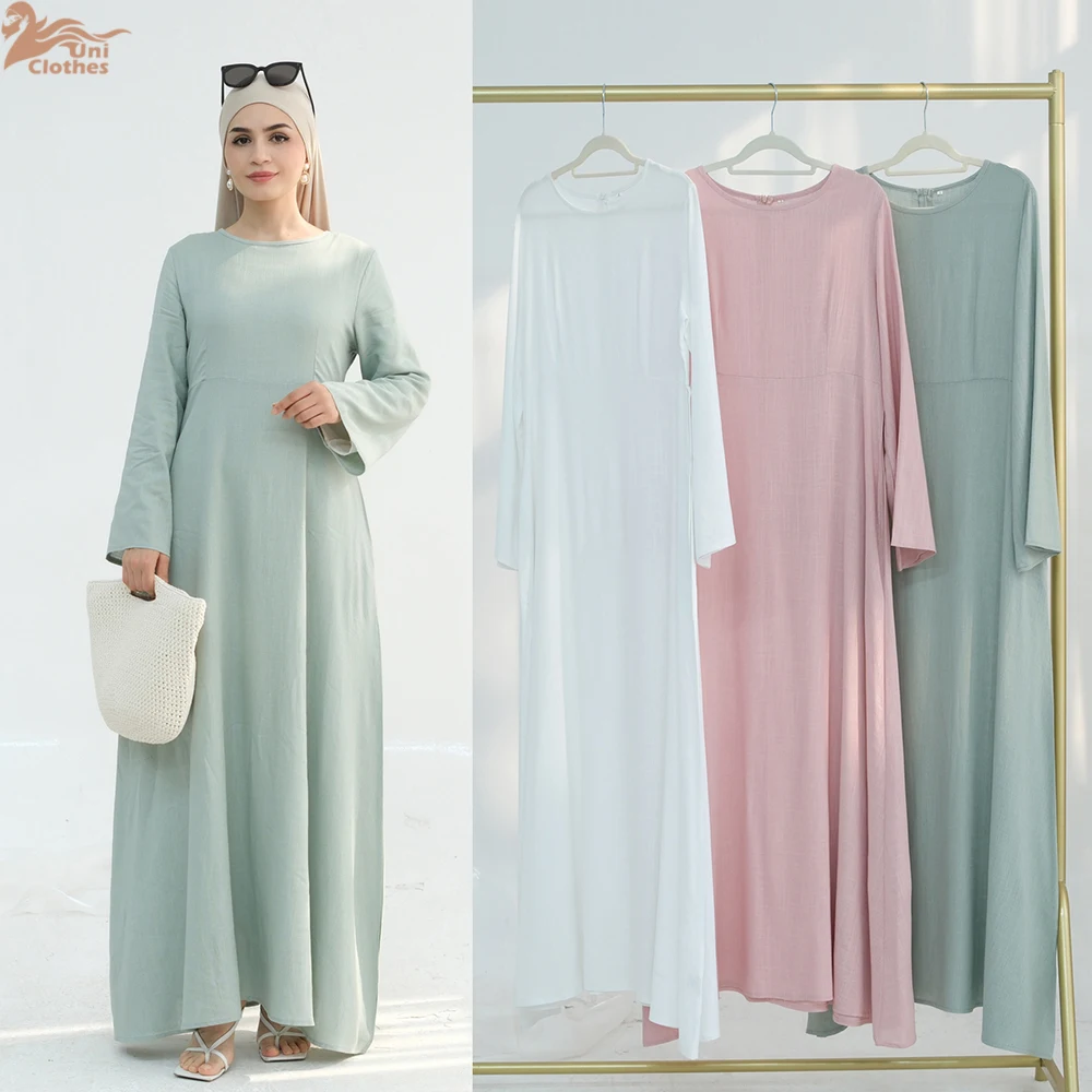 Ramadan árabe mulher muçulmana vestido modesto elegante dubai linho abaya islam férias roupa de viagem moda sólida turquia robe 2025