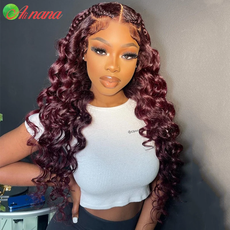 13x4 Lace Frontal Human Hair Wigs Burgundy Cherry Red Colored Brazilian Loose Water Wave Curly 5x5 Lace Closure Wig For Women