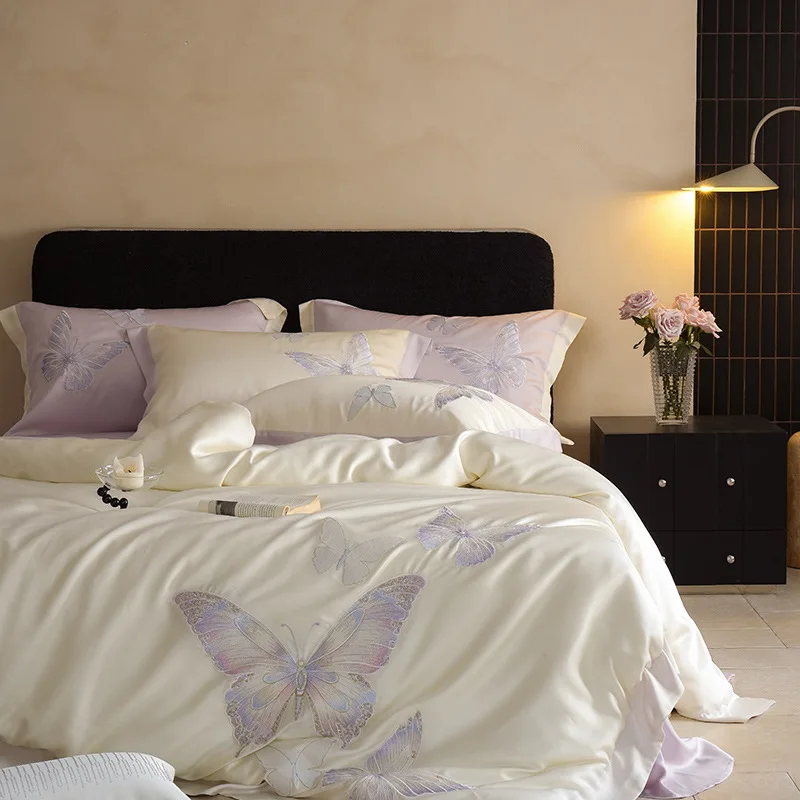 Light luxury 100 fine Tencel four-piece set Silky slippery sleeping bed sheet quilt cover Summer ice silk bed