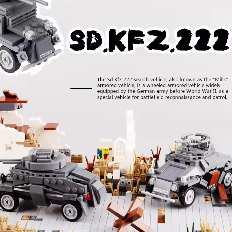 

War Scene Army SD.KFZ 222 Armored Car Building Blocks Military Soldier Figure Vehicle Cannon Model MOC DIY Bricks Toys For Kids