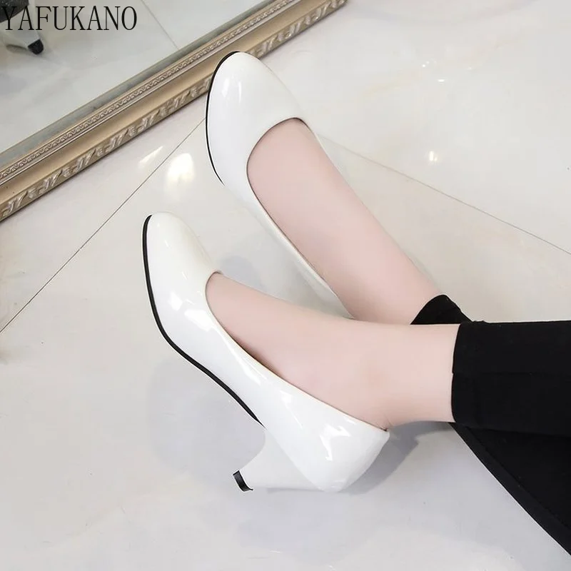 Spike Heels Women Round Toe Shoes Slip-On High Heels Office Ladies Black Patent Leather Pumps Spring Autumn Pu Shallow Shoes