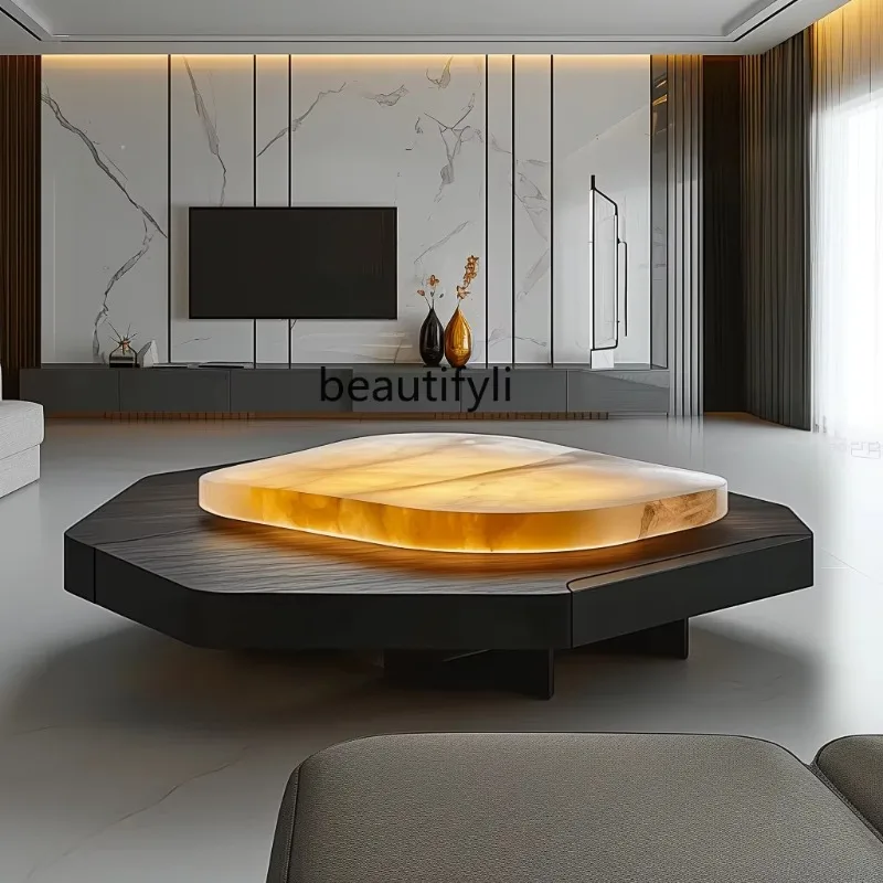 

Modern simple wood luminous coffee table luxury stone square marble luxury, apartment tea table