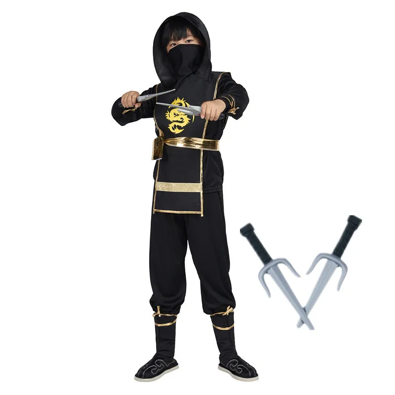 Deluxe Ninja Costume for Kids Black Ninja Costume  for Boys Halloween Ninja Costume Dress Up with Plastic Accessories