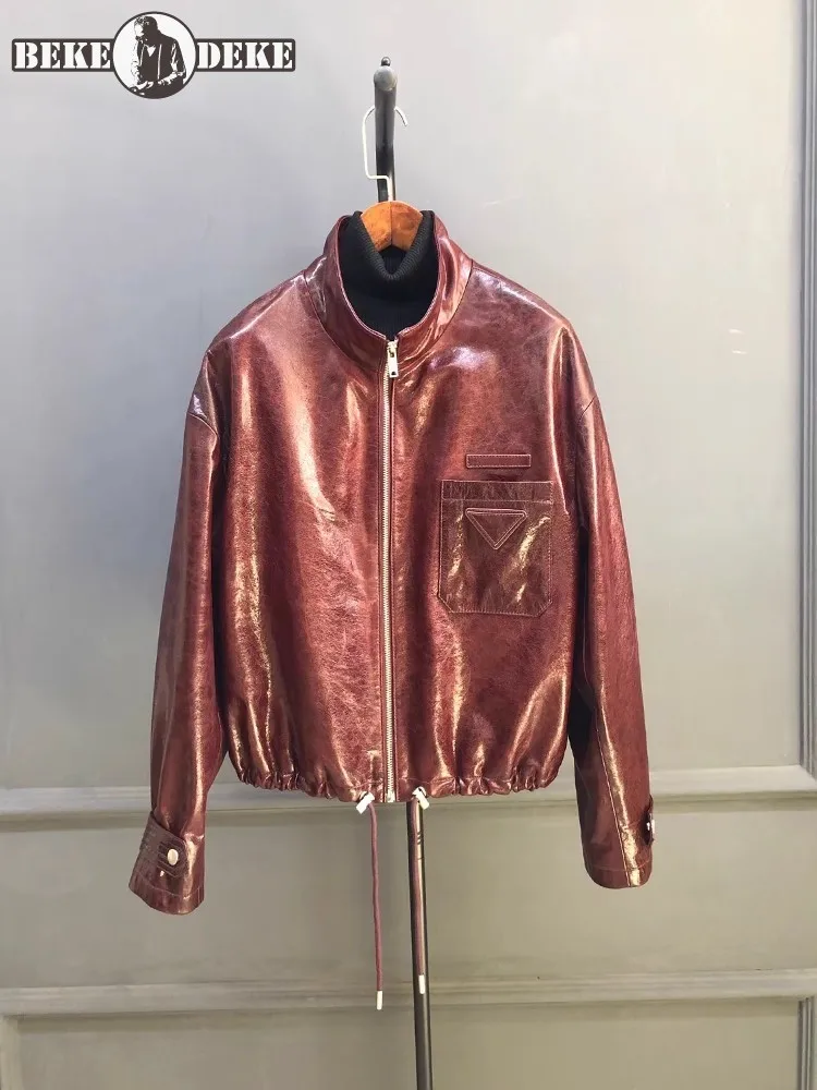 Fashion Retro Women Office Handmade Oil Wax Zipper Solid Color Genuine Leather Short Jacket Sheepskin Long Sleeves Casual Coat