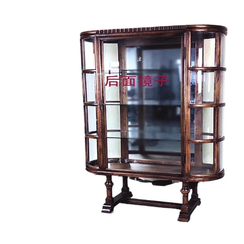 Old Shanghai Western solid wood tenon and mortise oval glass cabinet club bar home decoration cabinet retro display cabinet