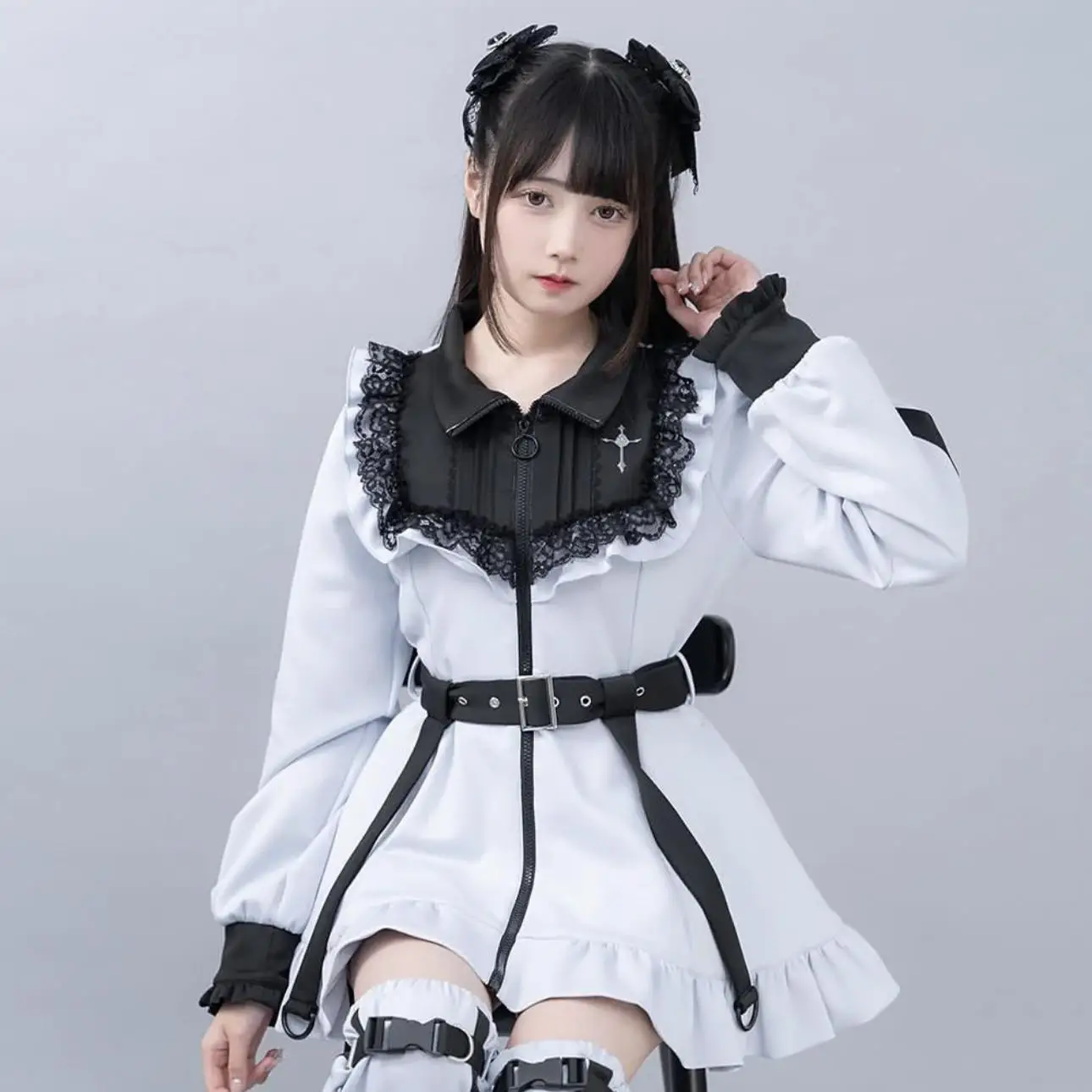 Japanese Mine Style Lace Splicing Ruffles Zipper Stand Collar Long Sleeve High Waist Belt Slim Sweet Lolita Short Dress Women