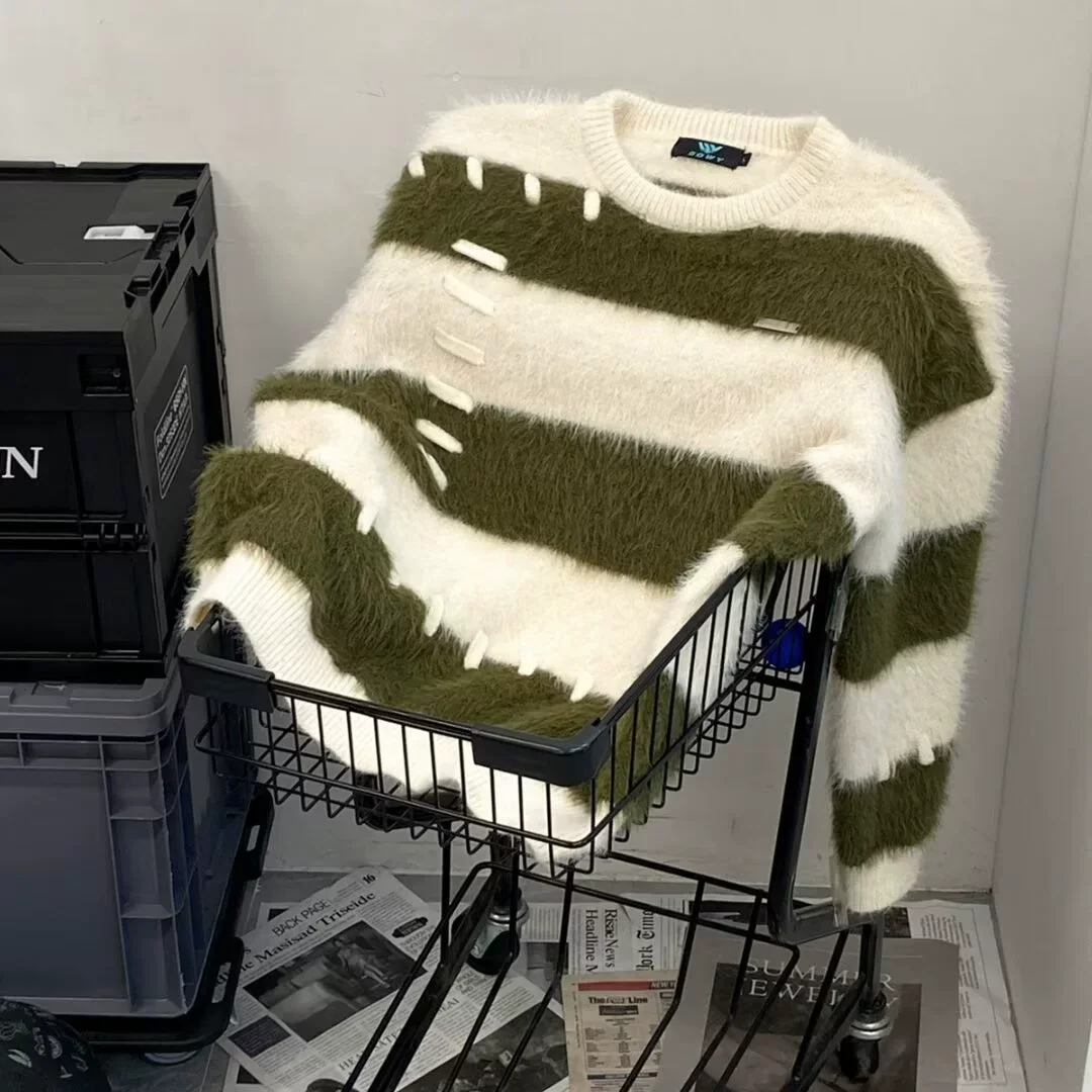 Striped Knitted Sweater Men Women Vintage Loose Sweaters Harajuku Green Warm Autumn Jumper Pullovers Unisex Casual Sweater Male