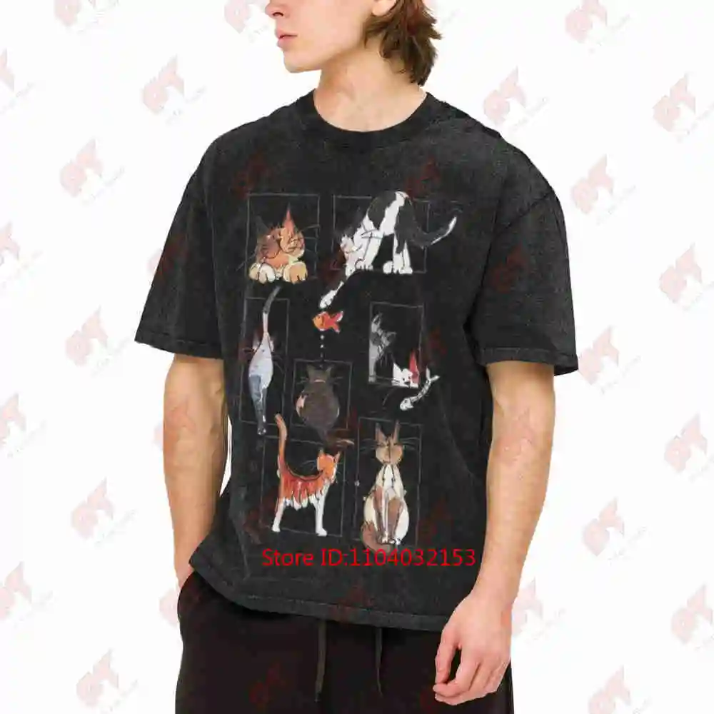 Cute Cats In Frames Design Vintage Washed Tee Pure Cotton T-Shirt