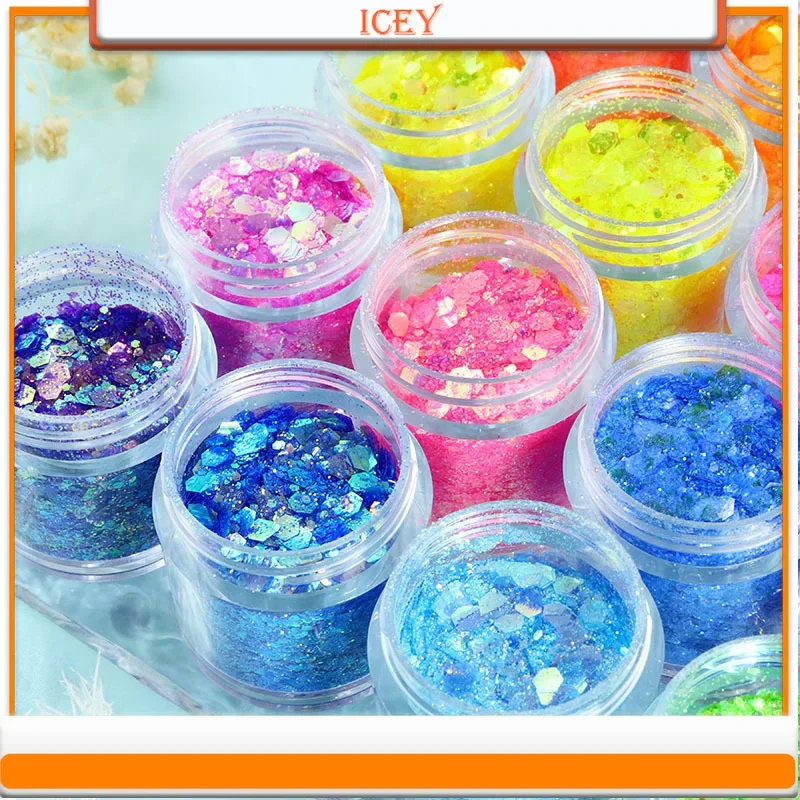 Icey Beauty 10ml Nail Glitter High Brightness and Colorful Mixed with Gold Onion Powder Glitter DIY Drip Glue and Linen Filling