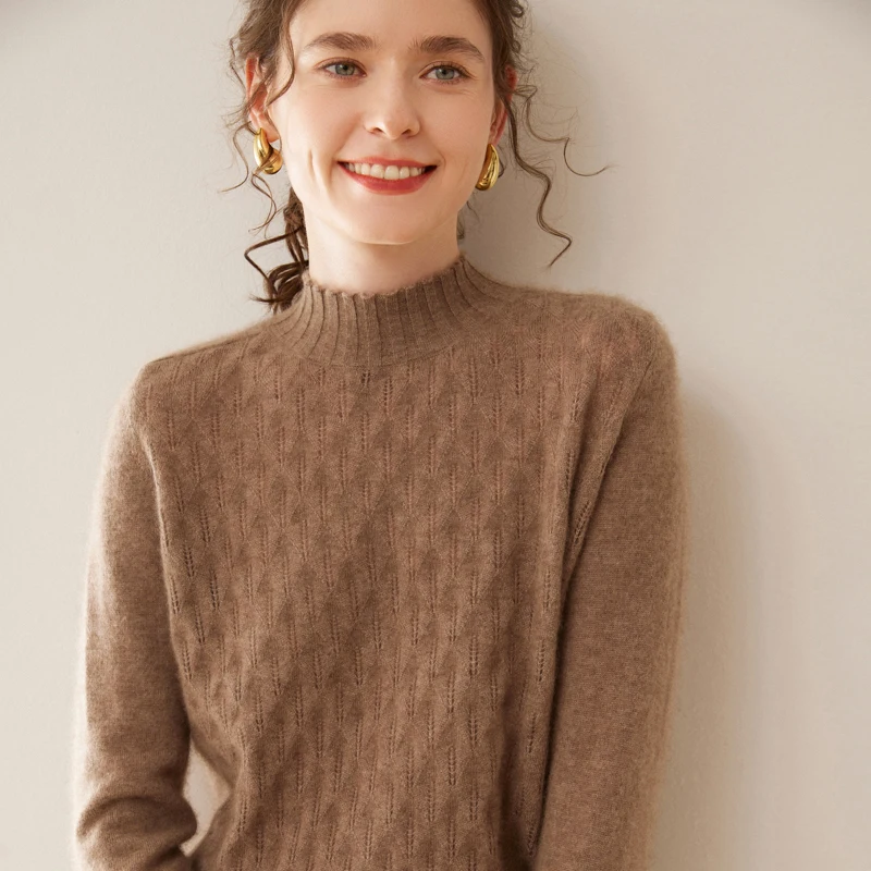 الخريف/الشتاء المرأة 100% الكشمير البلوز عادية الصلبة الجوف متماسكة سترة فضفاضة نصف عالية الرقبة الجاكار القمم الدافئة البلوز