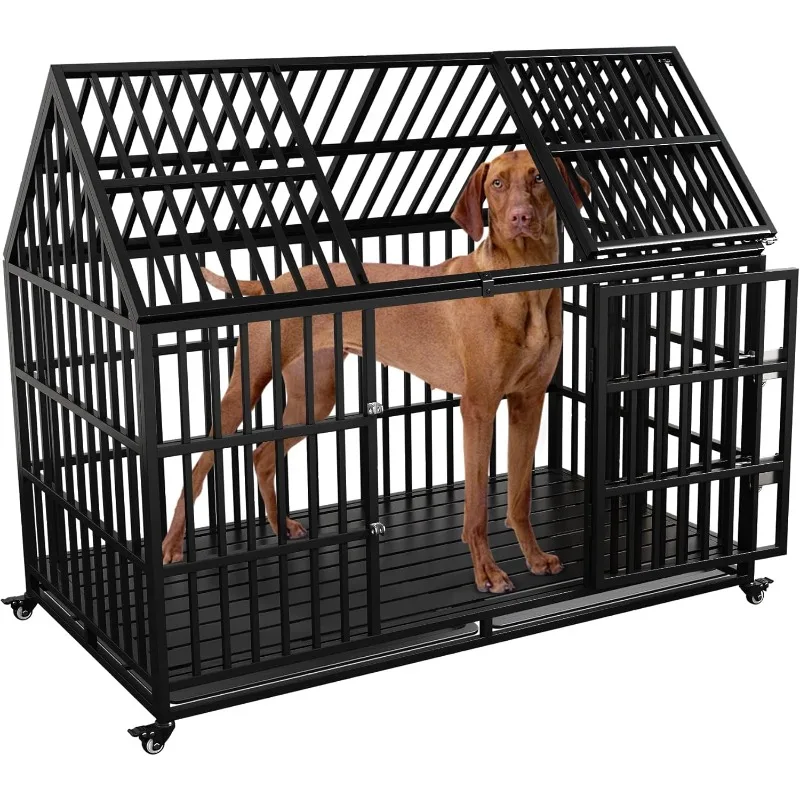 Heavy Duty Dog Crate for Large Dogs,Metal Pet Cage Dog Kennel with Roof Strong Playpen,54'' Dog Cage with Sturdy Latches