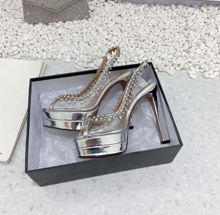 Super High Heel Platform Women Sexy Sandal Shoes Clear PVC Crystal Decor Sling Back Fashion Party Runway Sapatos Dress Shoe