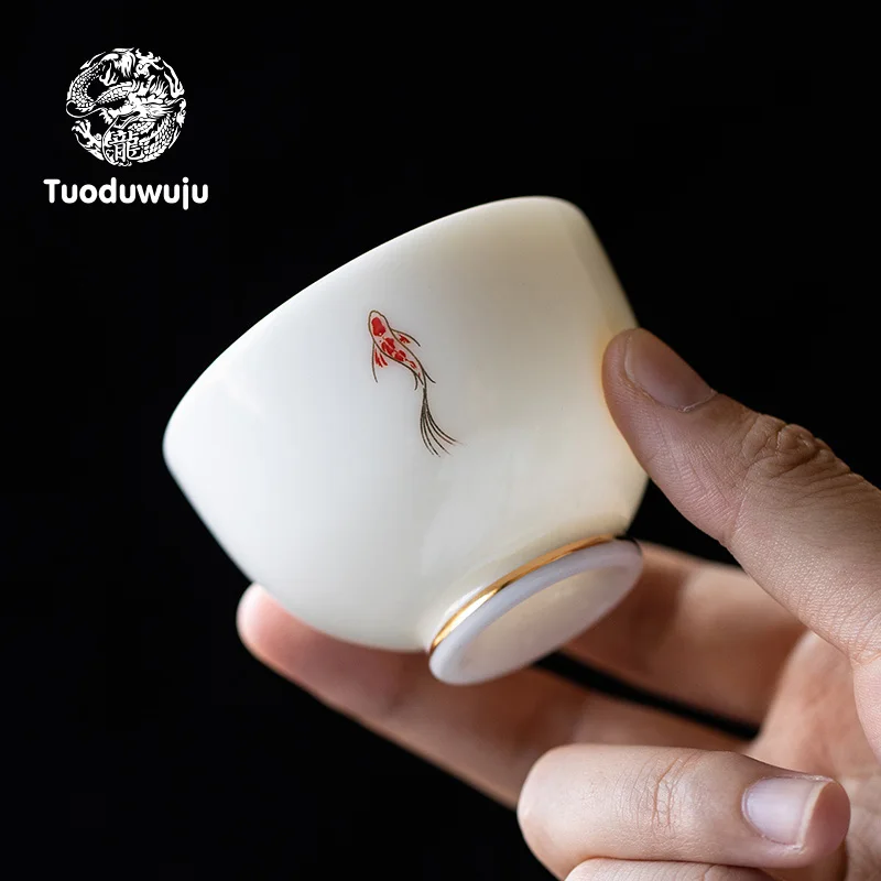 Lamb fat jade porcelain koi tea cup tea cup for personal high-end gold drawing master cup single ceramic tea cup tea bowl