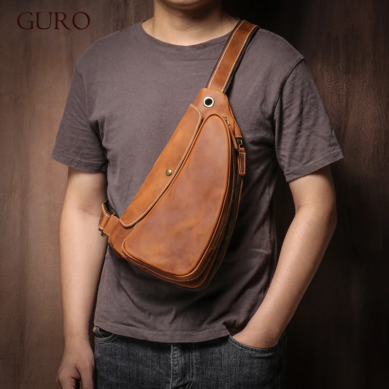 Guro-bolso de pecho de viaje de cuero genuino de alta calidad para hombre, satchel de lujo, cruzado de tendencia Vintage, bolsos de tirantes para deportes al aire libre de fin de semana