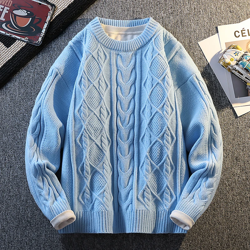 

Cable Knit Sweater Men Autumn Winter Diamond Pattern Loose Fit Pullover Solid Color Fashion Casual Streetwear Crew Neck Sweaters
