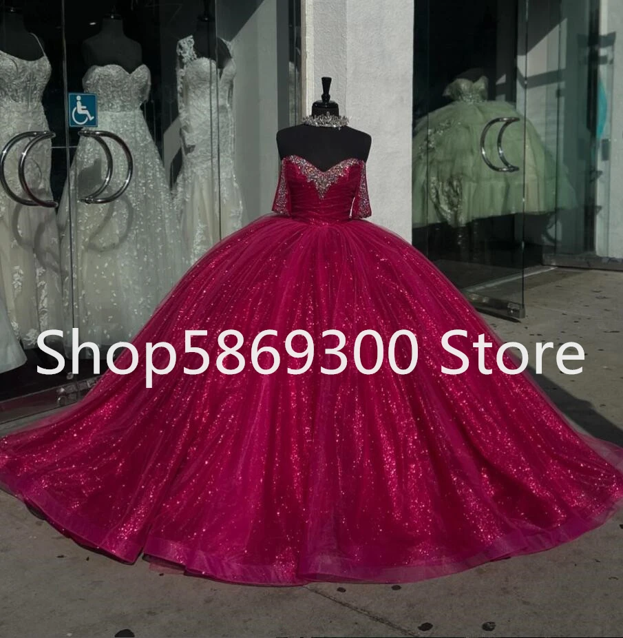 Fuchsia Pink Sparkly Quinceanera Dresses Customsized Gillter Crystal Sequins vestidos de 15 años quinceañeras corset outift