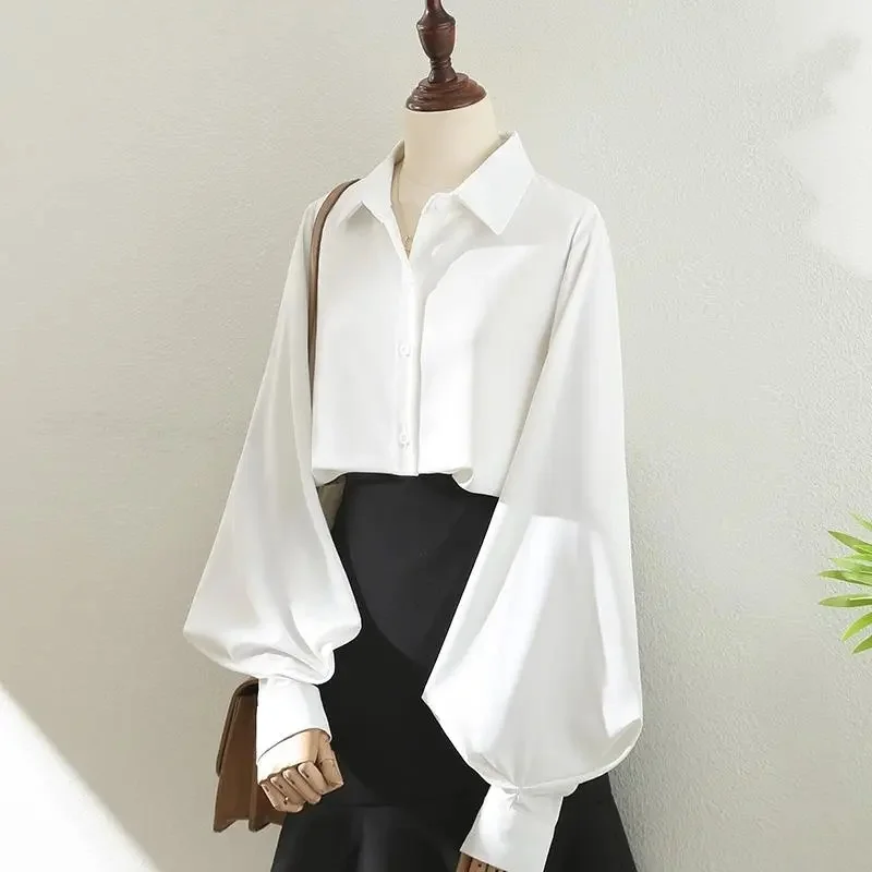 Spring Women New Solid Color Cardigan Blouse Design Sense Niche Feminine Loose Shirt Tops Korean Ladies Lantern Sleeve Shirts