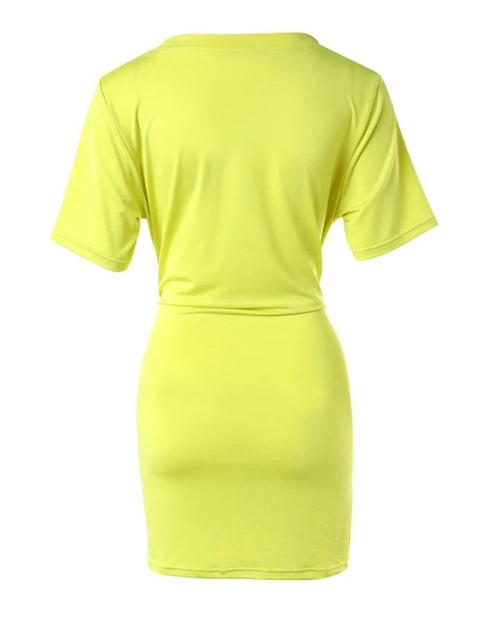 Fashion 2024 Summer Women's Dress Fluorescent Solid Color Round Neck Short Sleeve Knotted Tied Detail Casual Straight Mini Dress