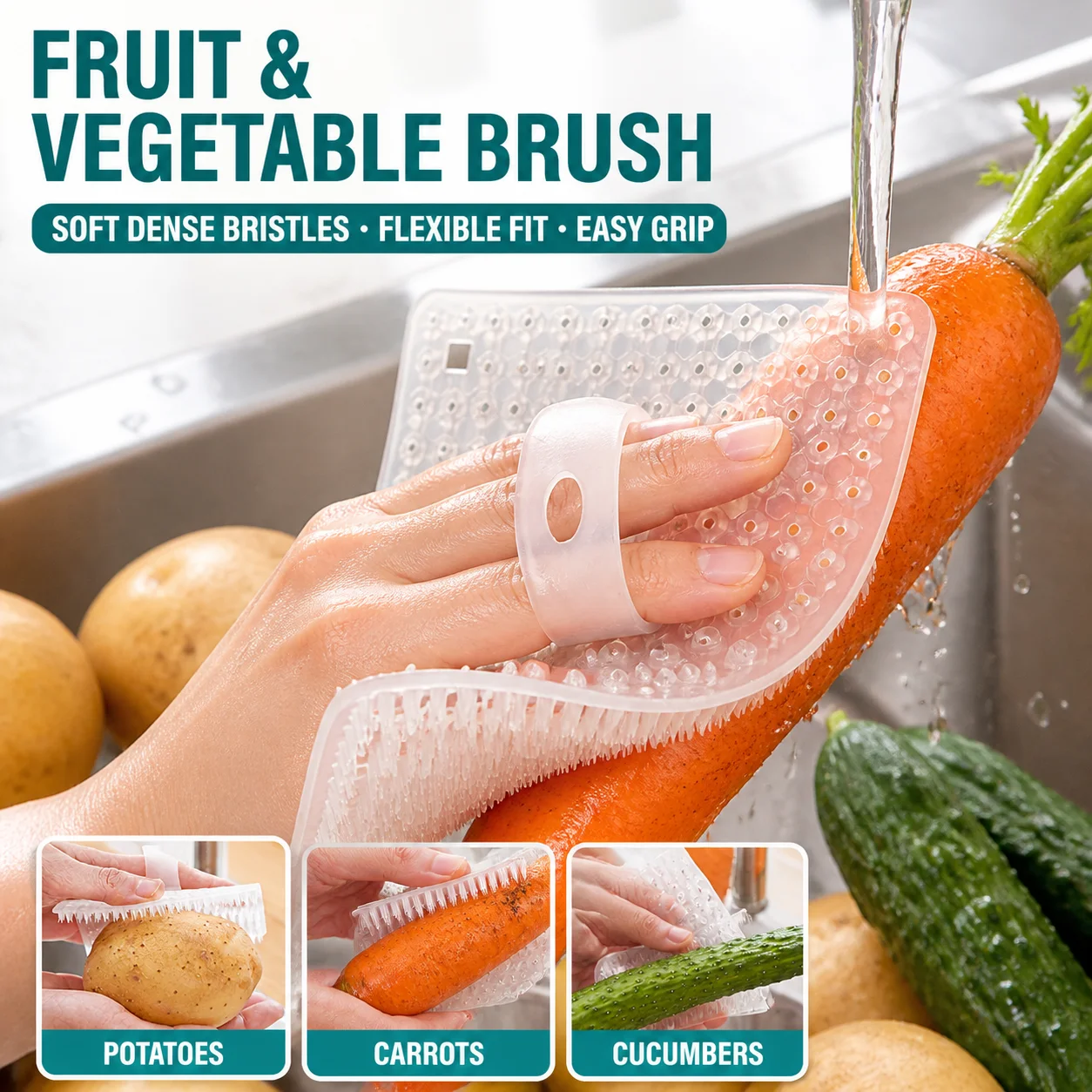 Fruit Vegetable Cleaning Brush Flexible Soft Bristle Produce Scrubber Finger Grip for Potato Carrot Cucumber Kitchen Washing