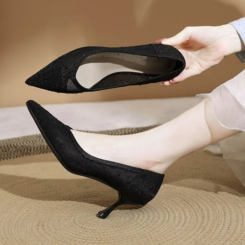 Slip-On High Heel Sandals - Crystal Breathable Pointed Toe Stiletto Heels,French Elegant Stunning Women‘s Sandals view 3